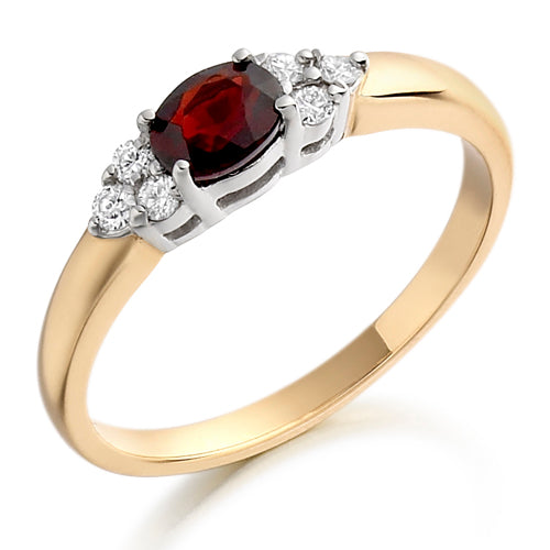 Garnet & Diamond Trefoil Ring Yellow Gold