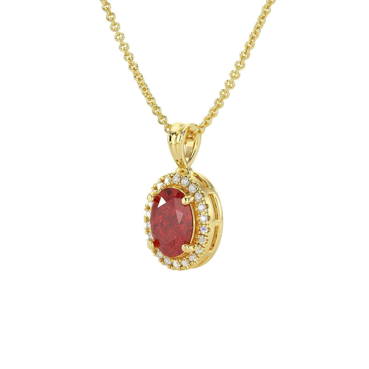 Oval Ruby Halo Pendant in yellow gold