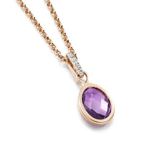 A rose gold bezel pendant necklace with a faceted purple amethyst gemstone in an oval shape.