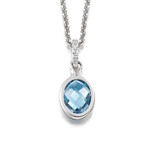 An oval-shaped aquamarine bezel pendant with a diamond bail.