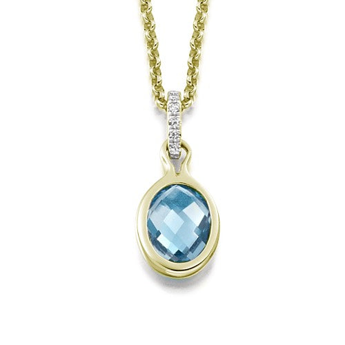 An oval-shaped aquamarine bezel pendant set in a gold frame.