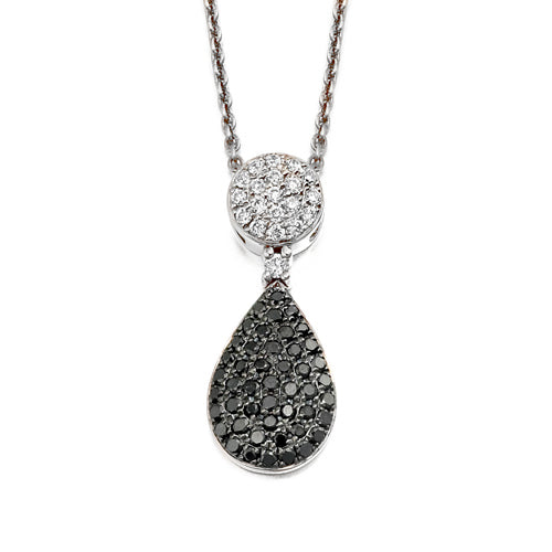 A black diamond drop pendant with a white diamond cluster on top, attached to a chain.