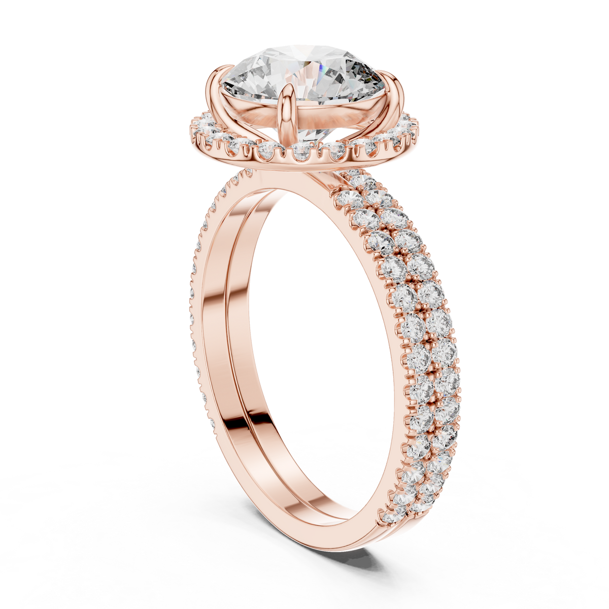 Modern Round Cut Eternity Halo Ring Rose Gold Side View