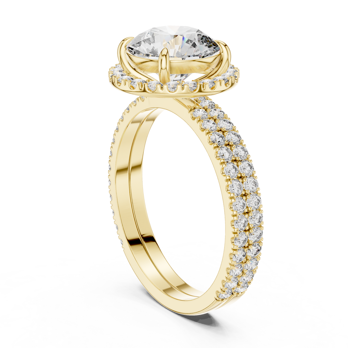 Modern Round Cut Eternity Halo Ring Yellow Gold Side View