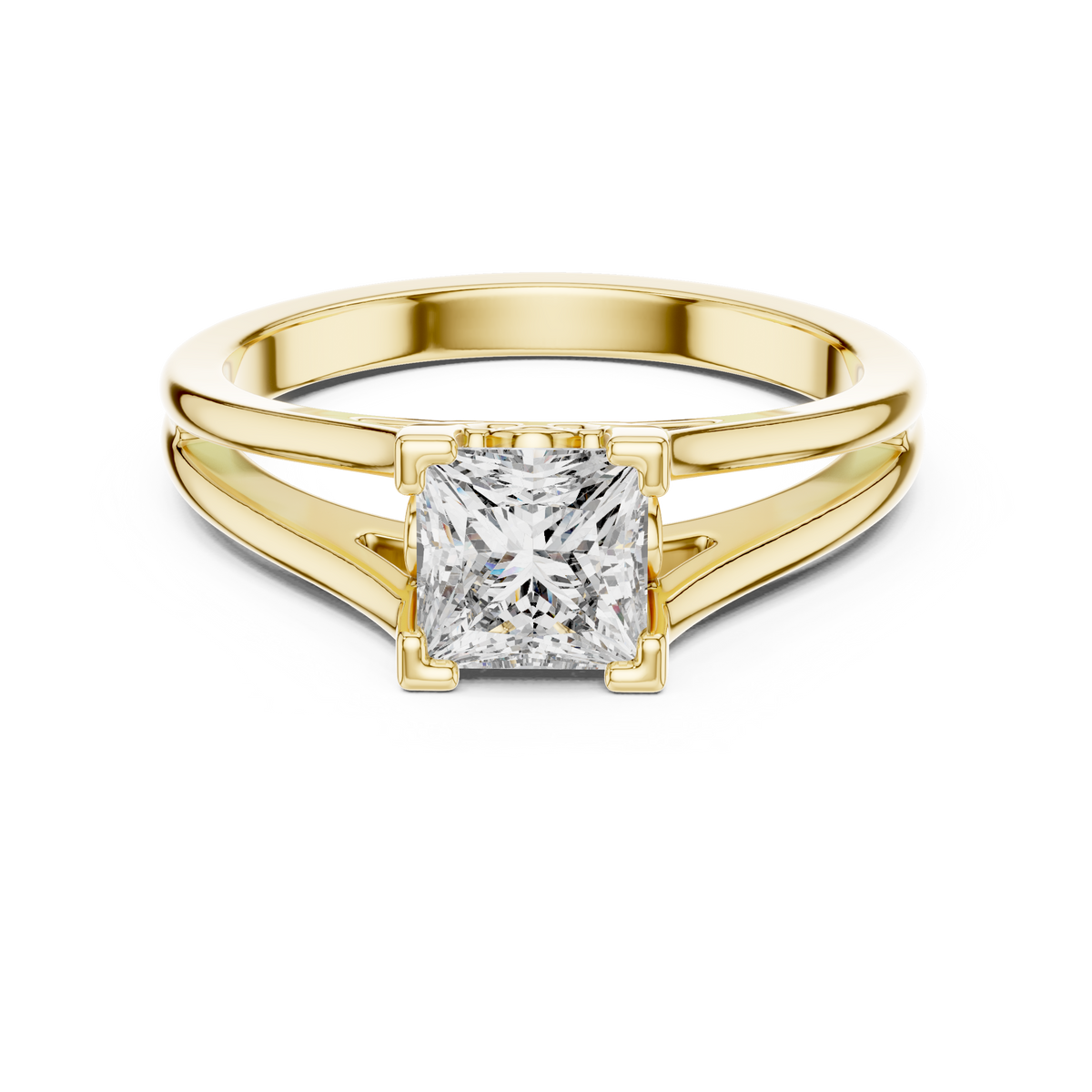 Princess Cut Split Solitaire Ring Yellow Gold Perspective View