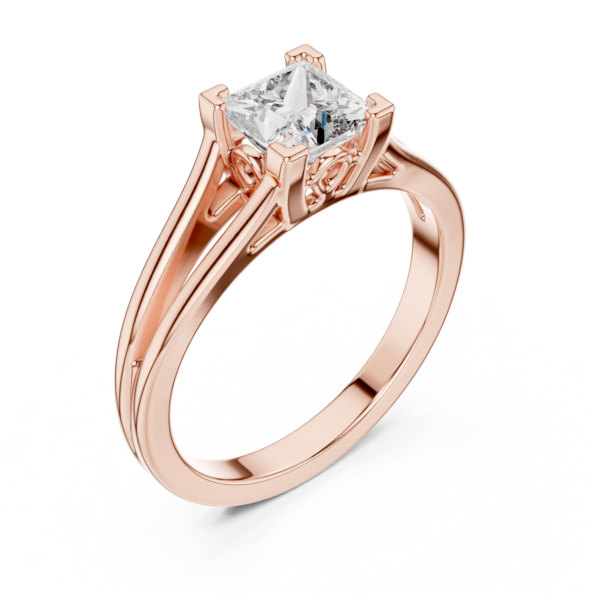 Princess Cut Split Solitaire Ring Rose Gold Top View