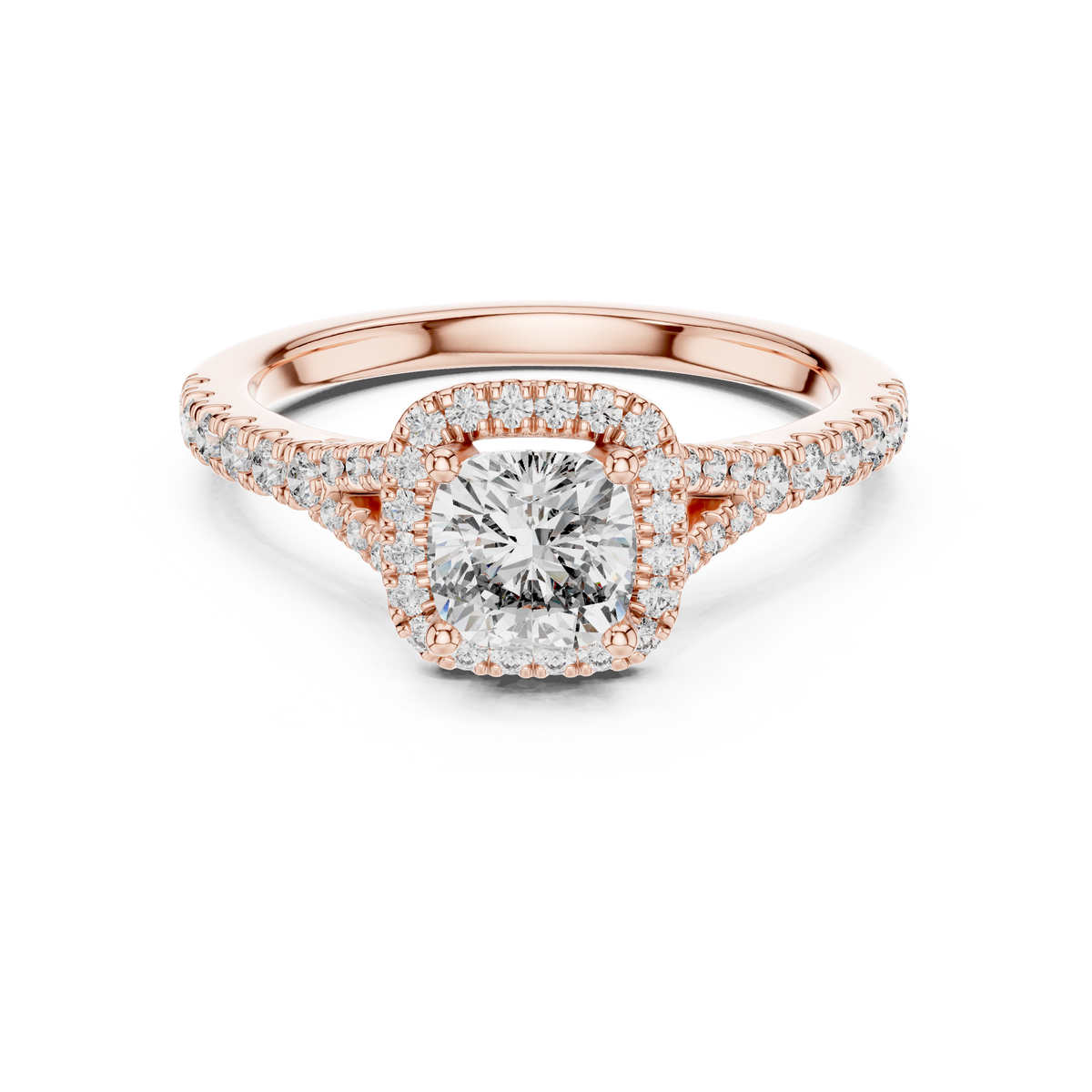 Classic Cushion Cut Split Halo Ring Rose Gold Perspective View