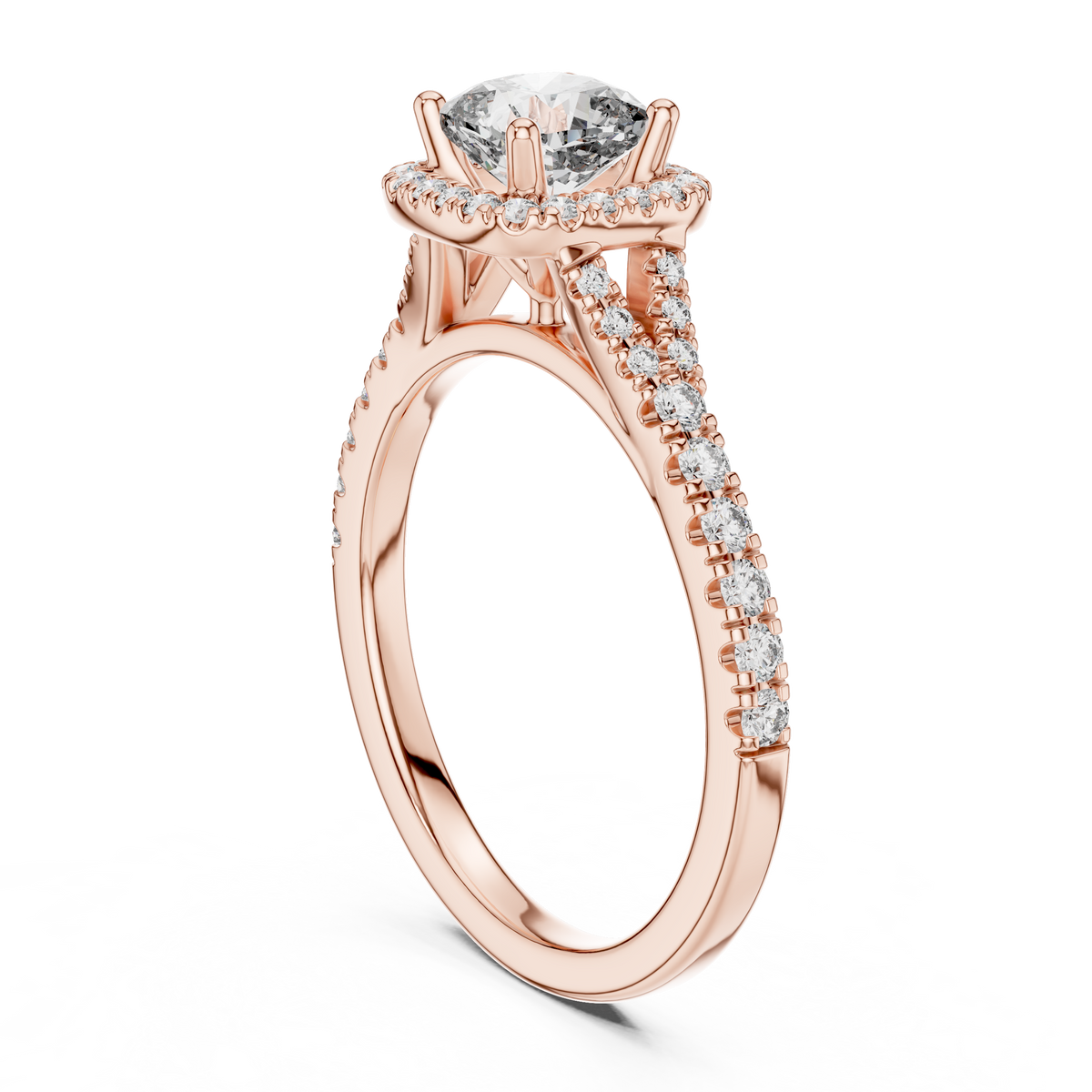 Classic Cushion Cut Split Halo Ring Rose Gold Side View