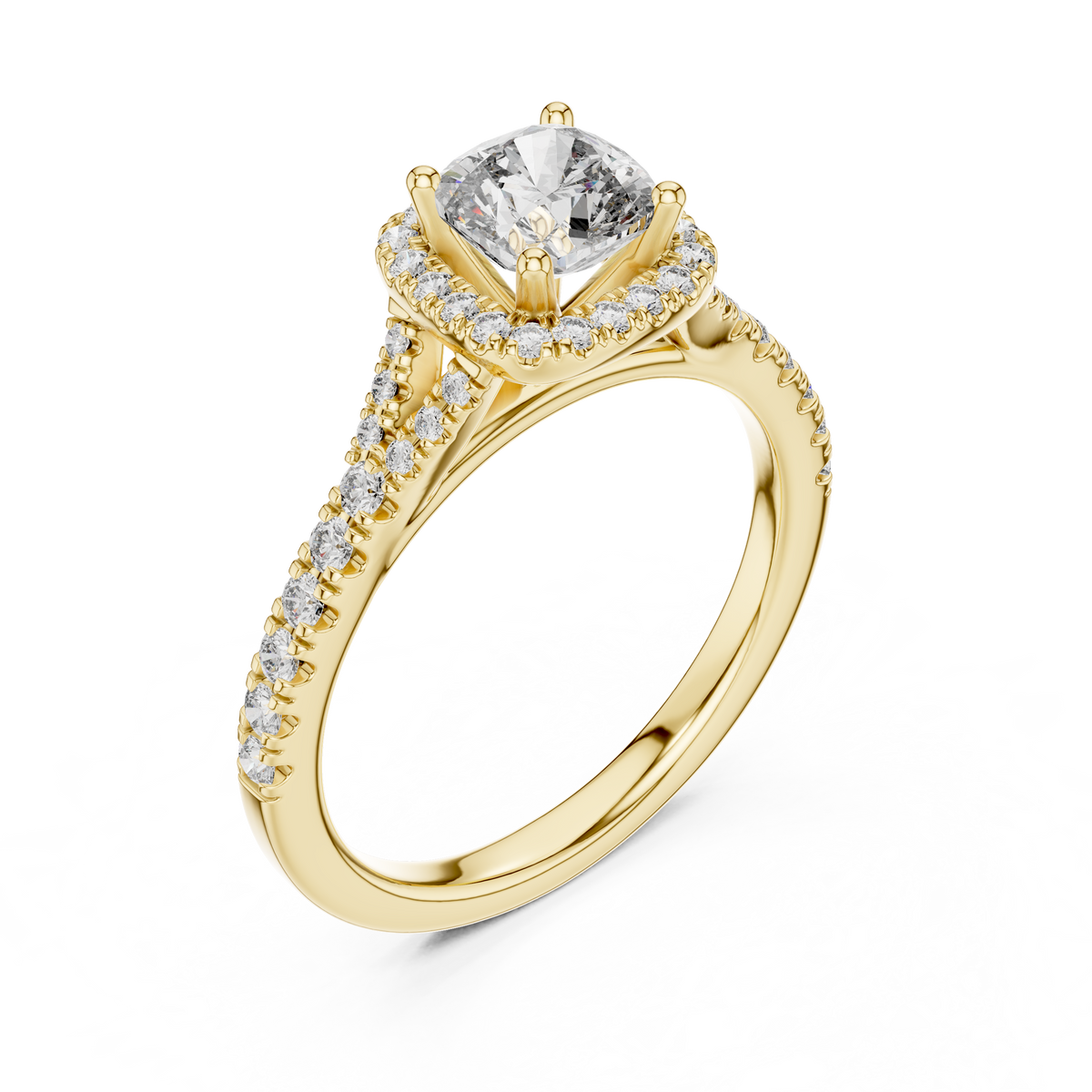 Classic Cushion Cut Split Halo Ring Yellow Gold Top View