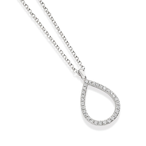 A white gold drop pendant necklace with a diamond-encrusted teardrop shape pendant suspended from a matching chain.