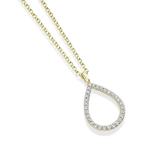 A yellow gold drop pendant necklace with a diamond-encrusted teardrop shape pendant suspended from a matching chain.