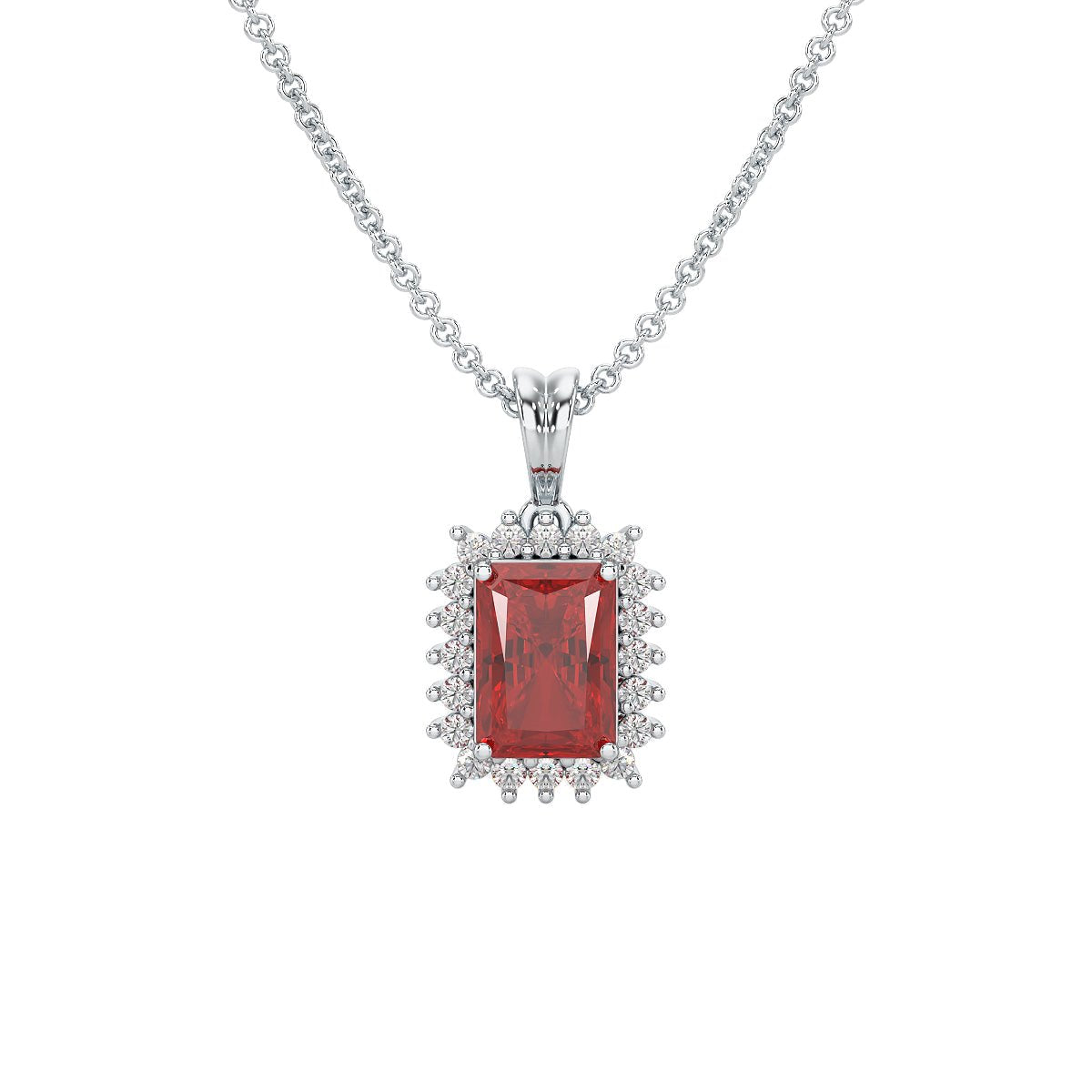 Rectangular Ruby Sunburst Pendant in white gold or platinum