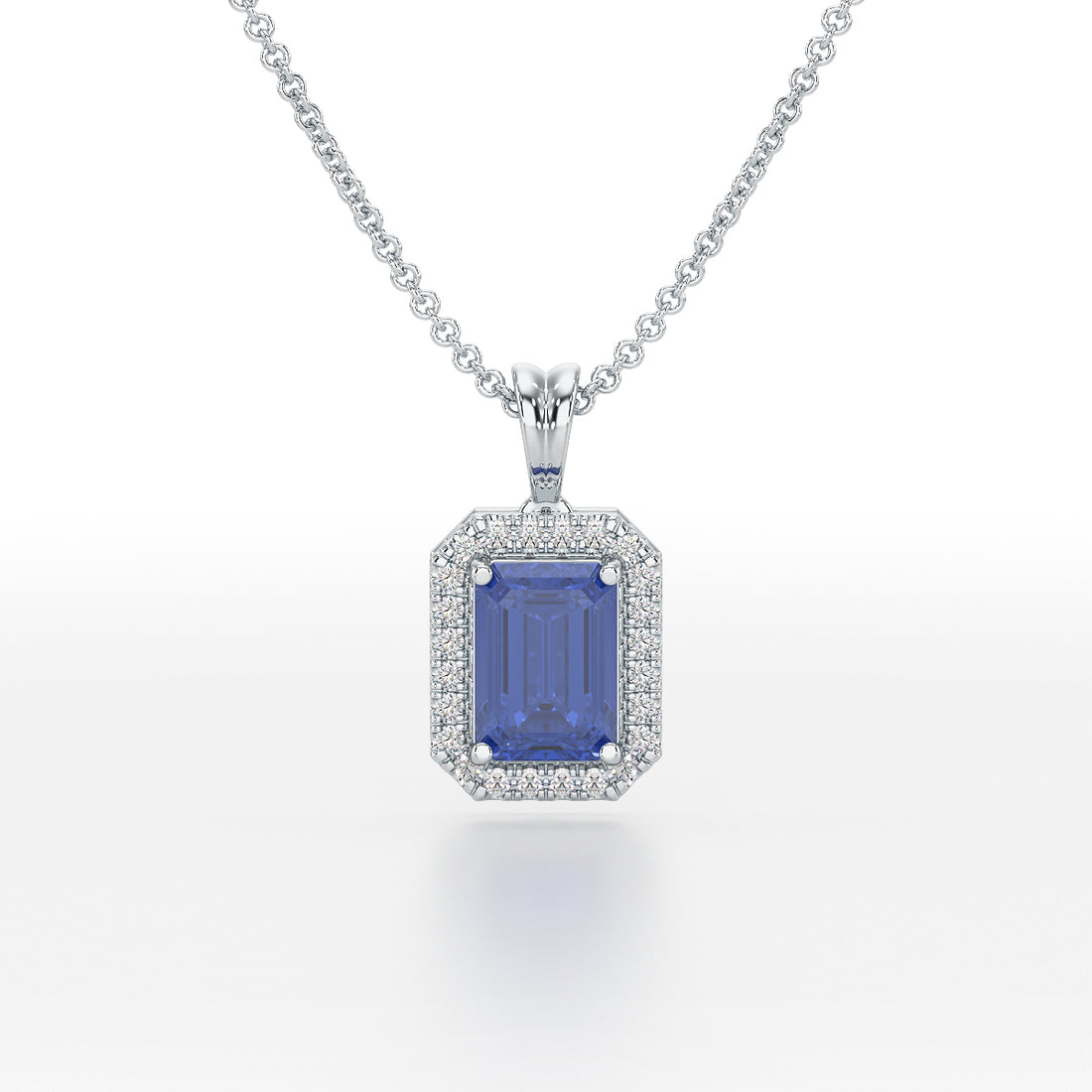 Emerald Blue Sapphire Halo Pendant White Gold Platinum