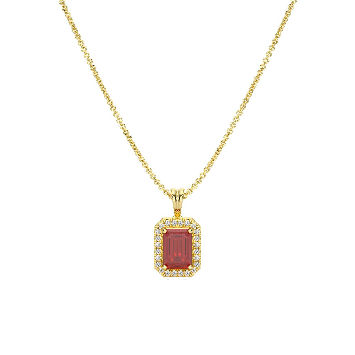 Rectangular Ruby Halo Pendant in yellow gold