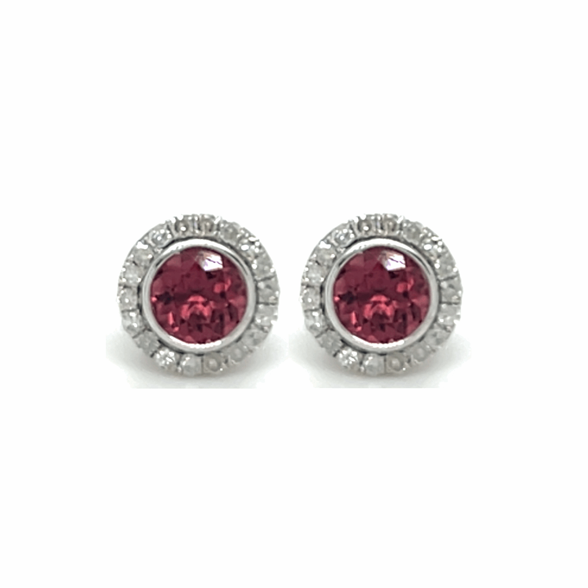 Round Pink Tourmaline Halo Earrings 9K White Gold