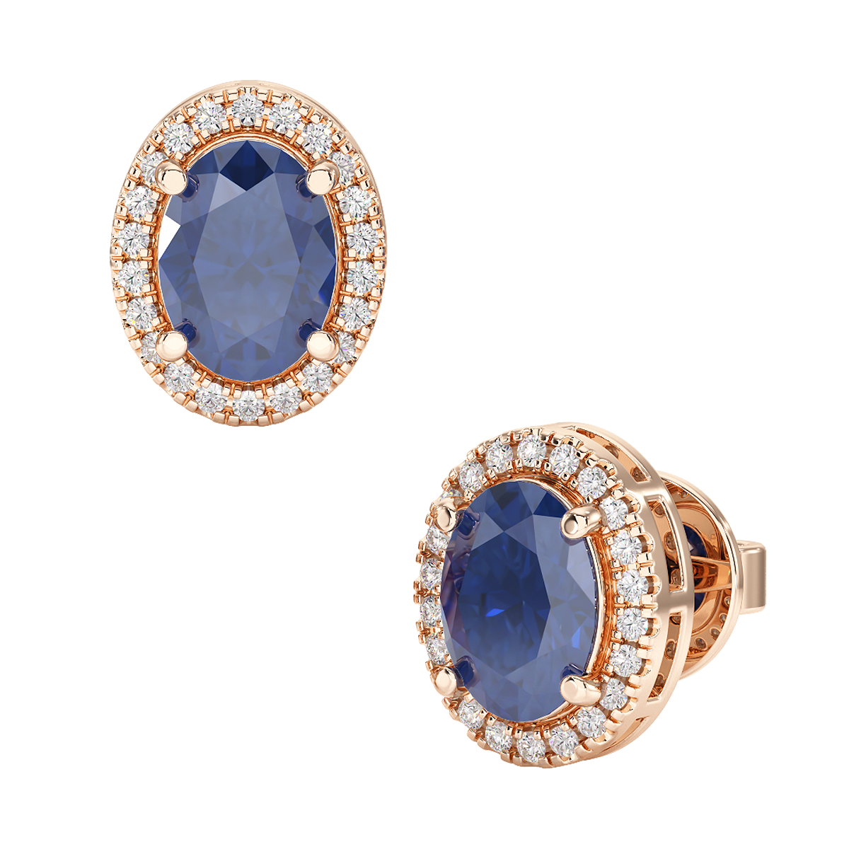 Oval Blue Sapphire Halo Earrings Rose Gold Front & Side View