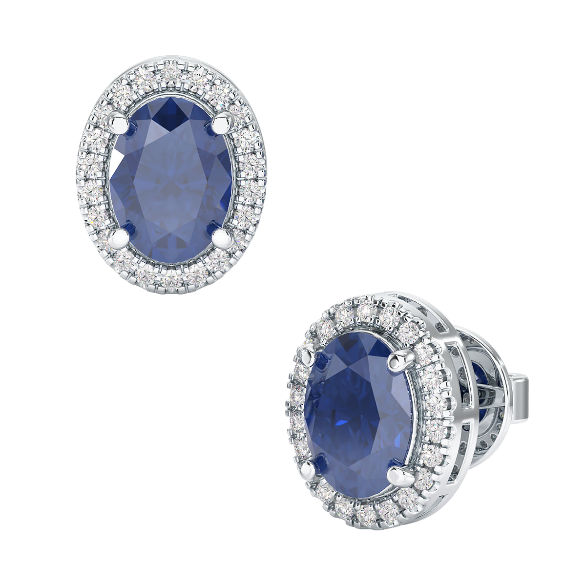 Oval Blue Sapphire Halo Earrings White Gold Platinum Front & Side View