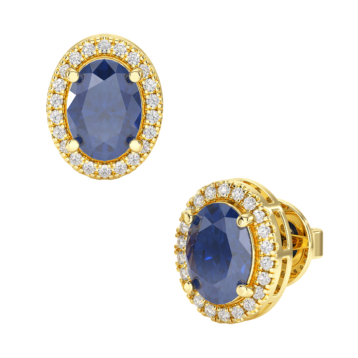 Oval Blue Sapphire Halo Earrings Yellow Gold Front & Side View