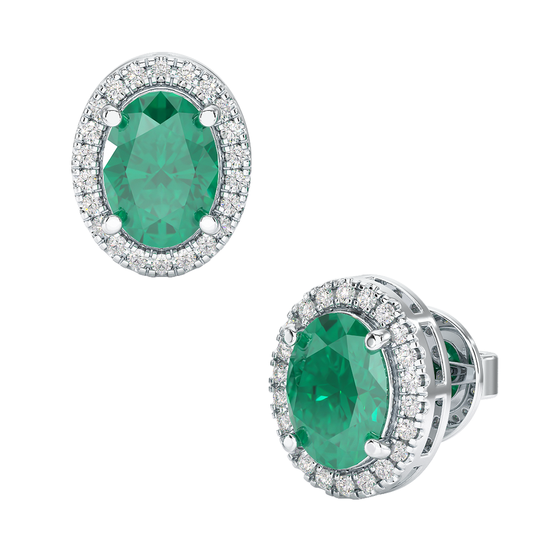 Oval Emerald Halo Earrings White Gold Platinum Front & Side View
