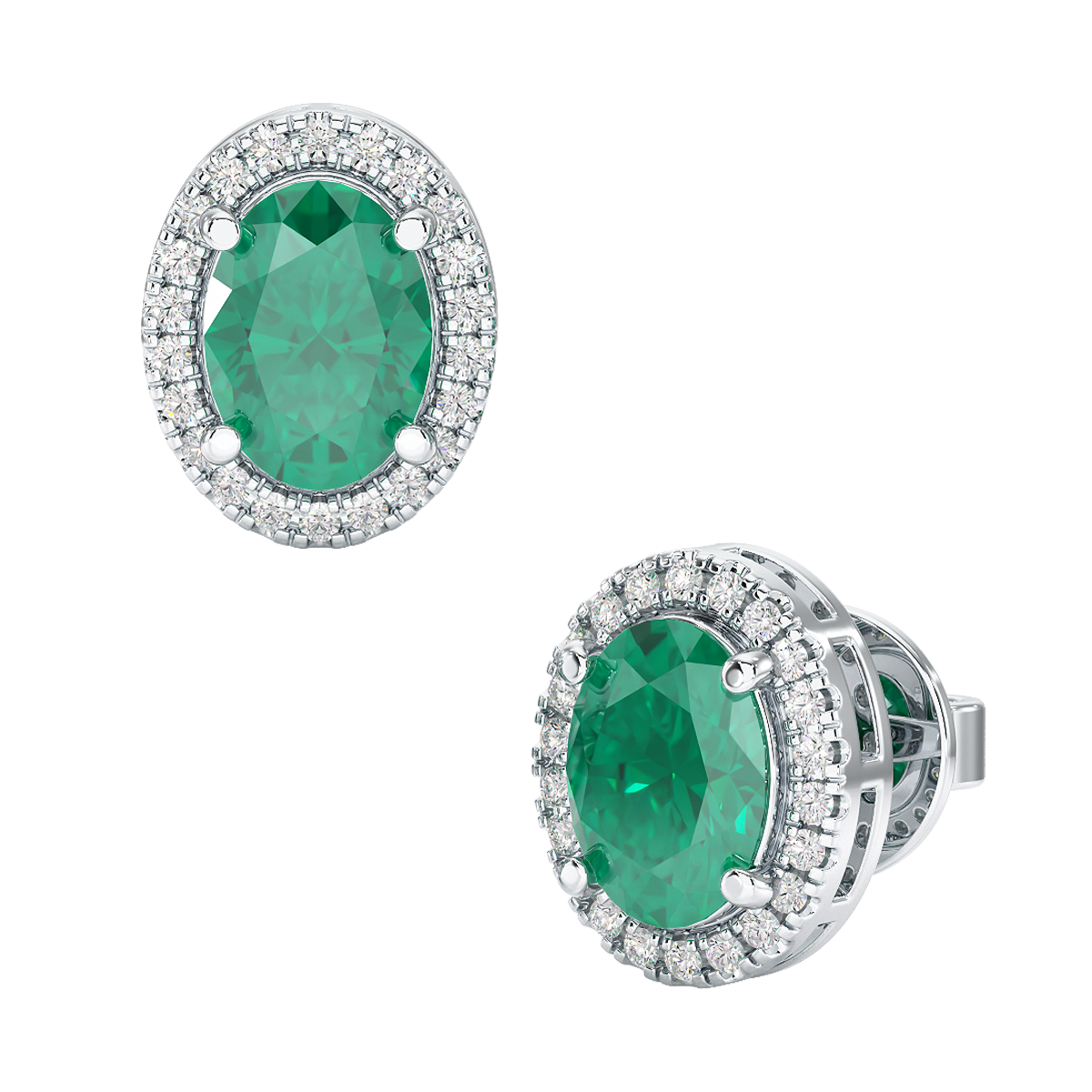 Oval Emerald Halo Earrings White Gold Platinum Front & Side View
