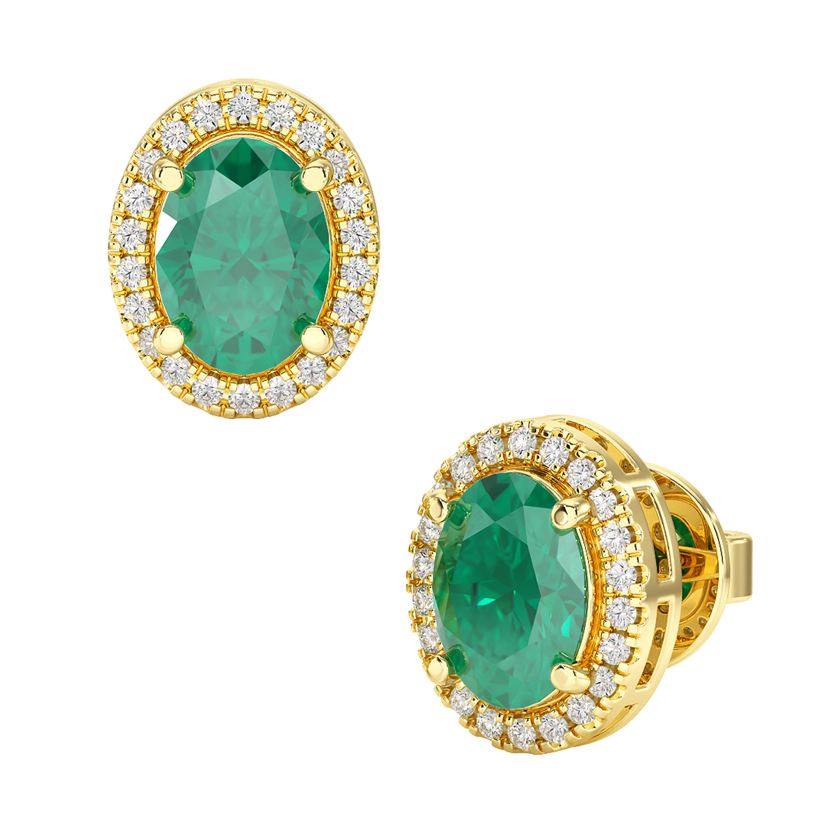 Oval Emerald Halo Earrings Yellow Gold Front & Side View