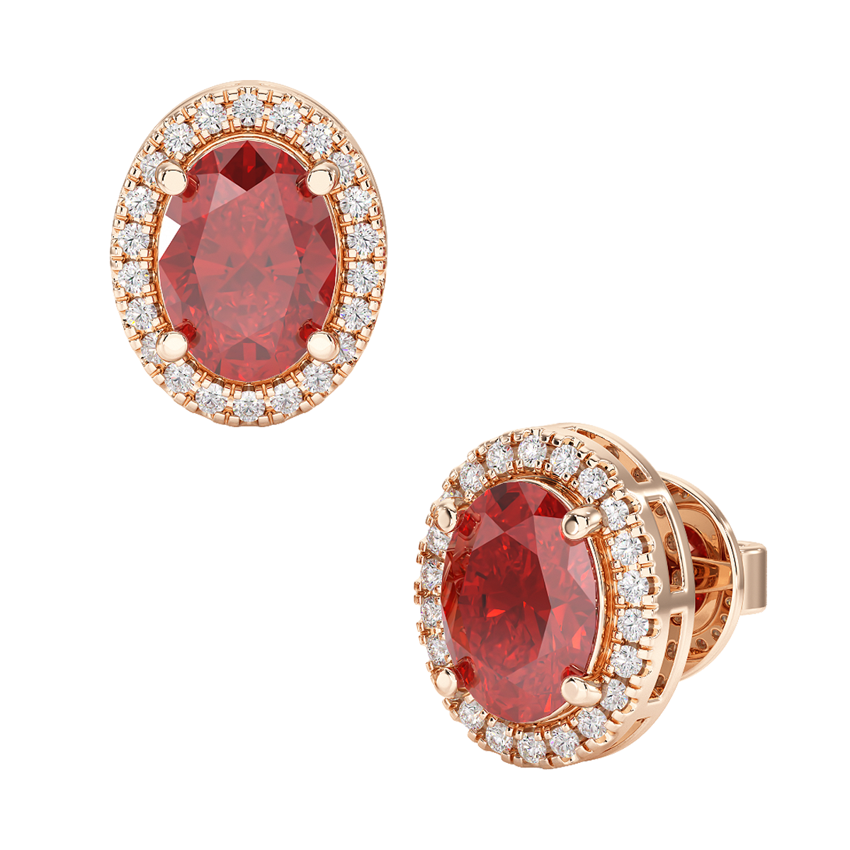Oval Ruby Halo Earrings Rose Gold Front & Side View