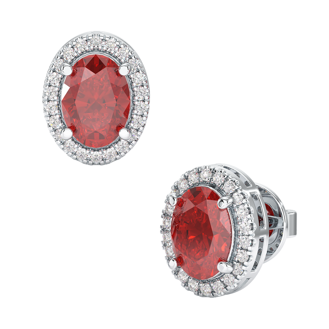 Oval Ruby Halo Earrings White Gold Platinum Front & Side View