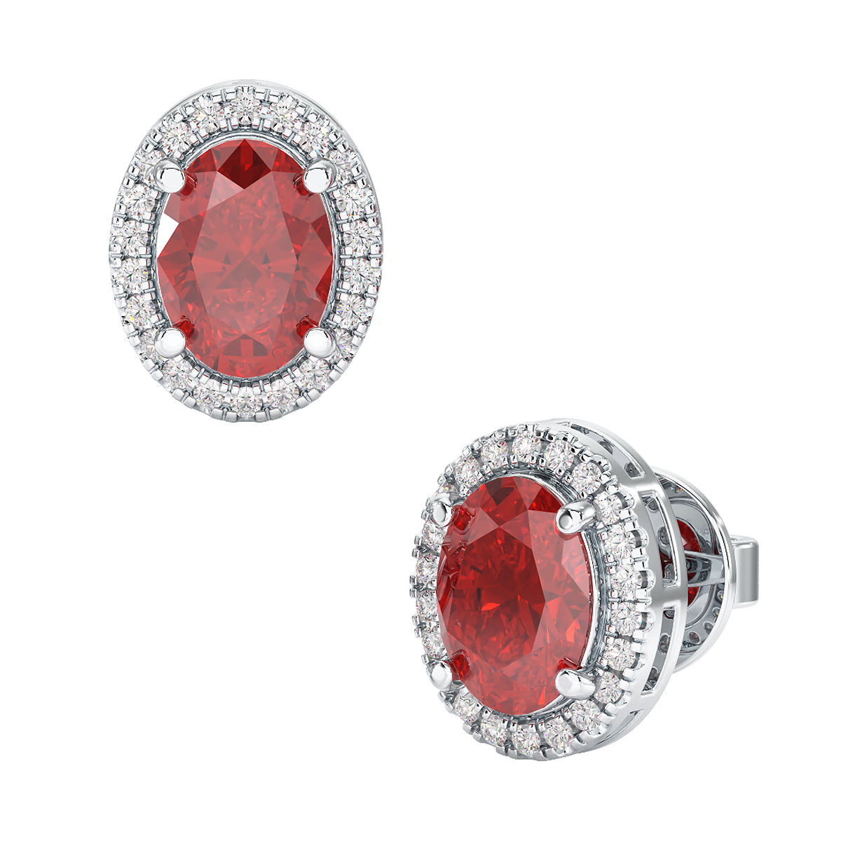 Oval Ruby Halo Earrings White Gold Platinum Front & Side View