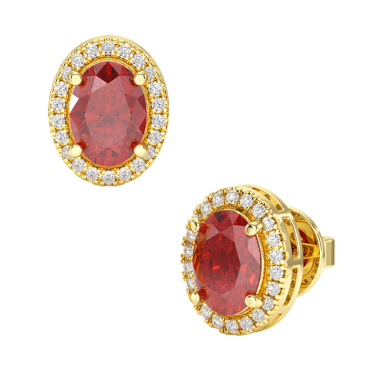 Oval Ruby Halo Earrings Yellow Gold Front & Side View