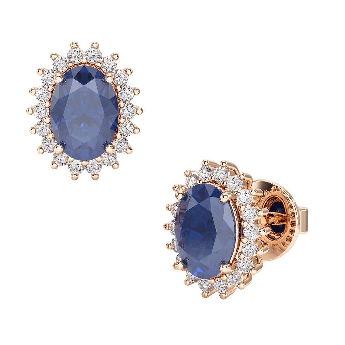 Blue Sapphire Sunburst Earrings Rose Gold Front & Side View