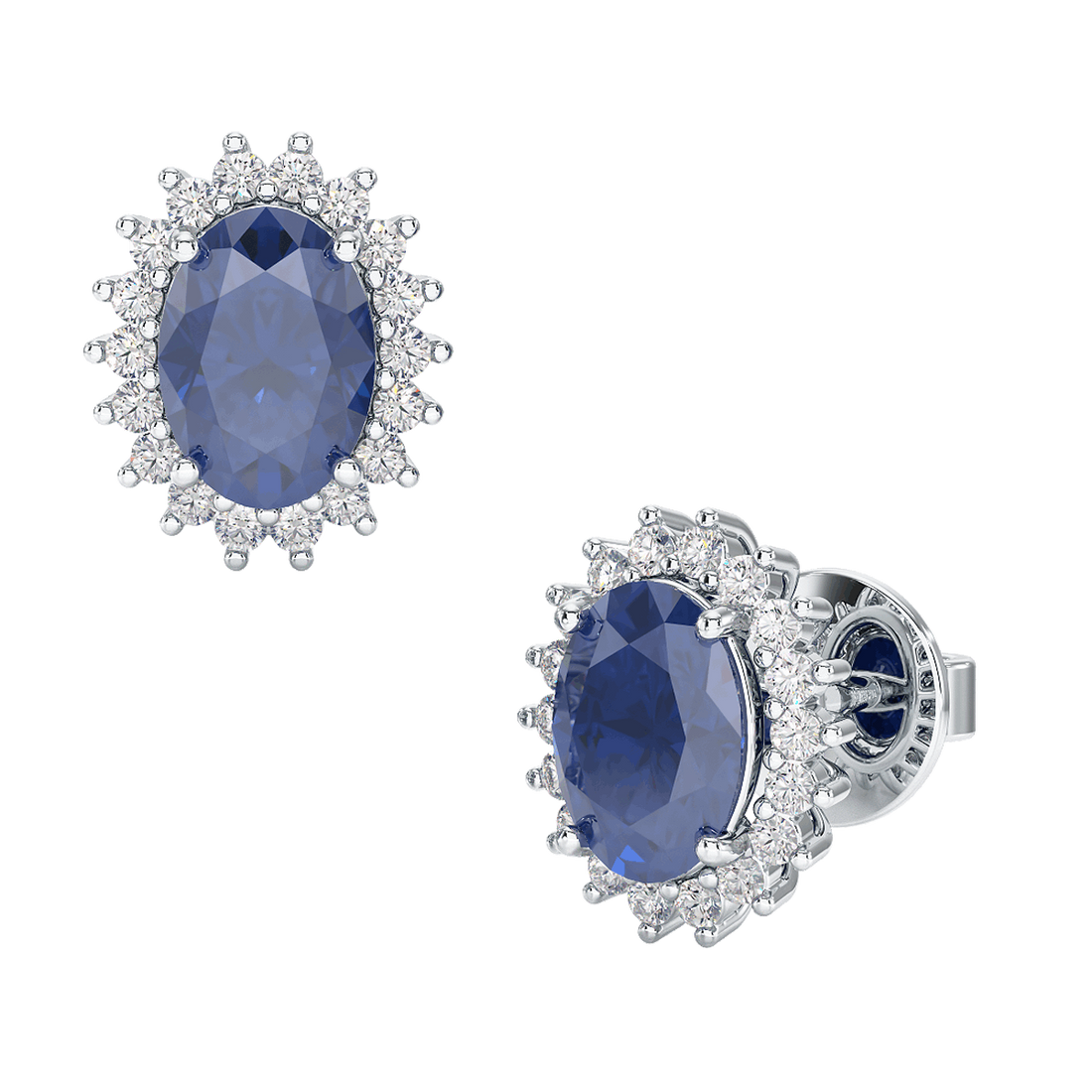 Blue Sapphire Sunburst Earrings White Gold Platinum Front & Side View