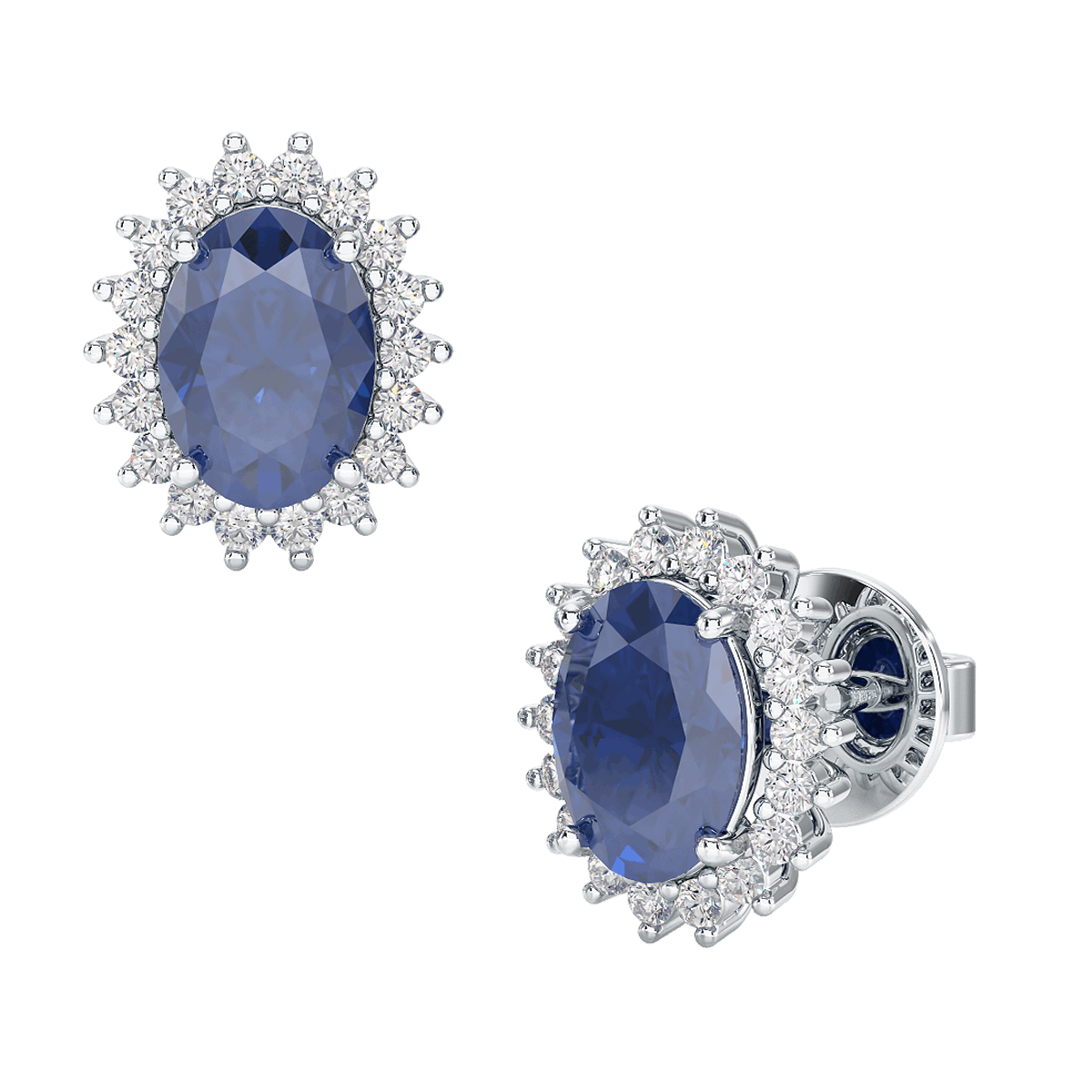 Blue Sapphire Sunburst Earrings White Gold Platinum Front & Side View