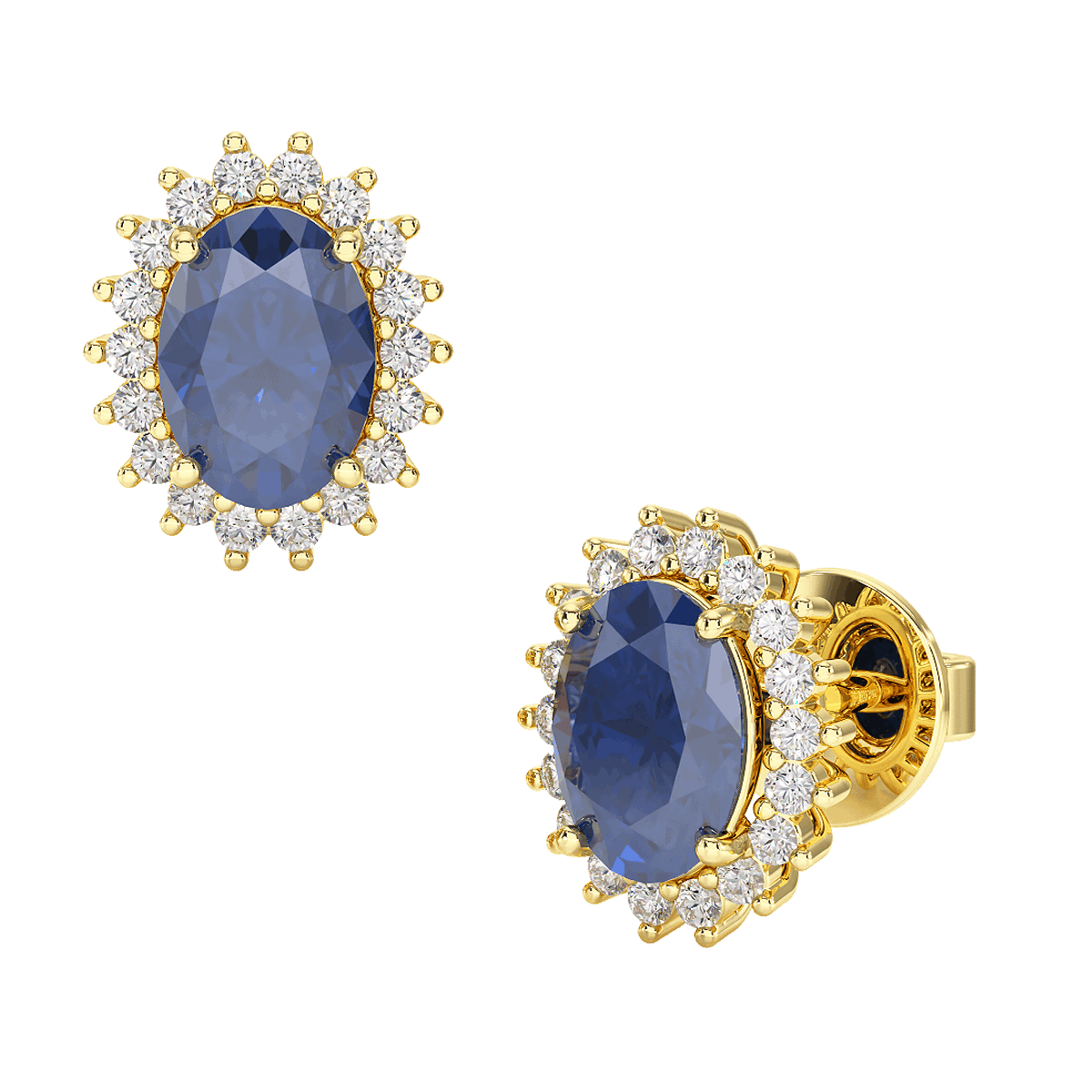 Blue Sapphire Sunburst Earrings Yellow Gold Front & Side View