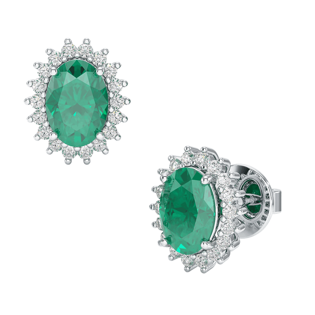 Emerald Sunburst Earrings White Gold Platinum Front & Side View
