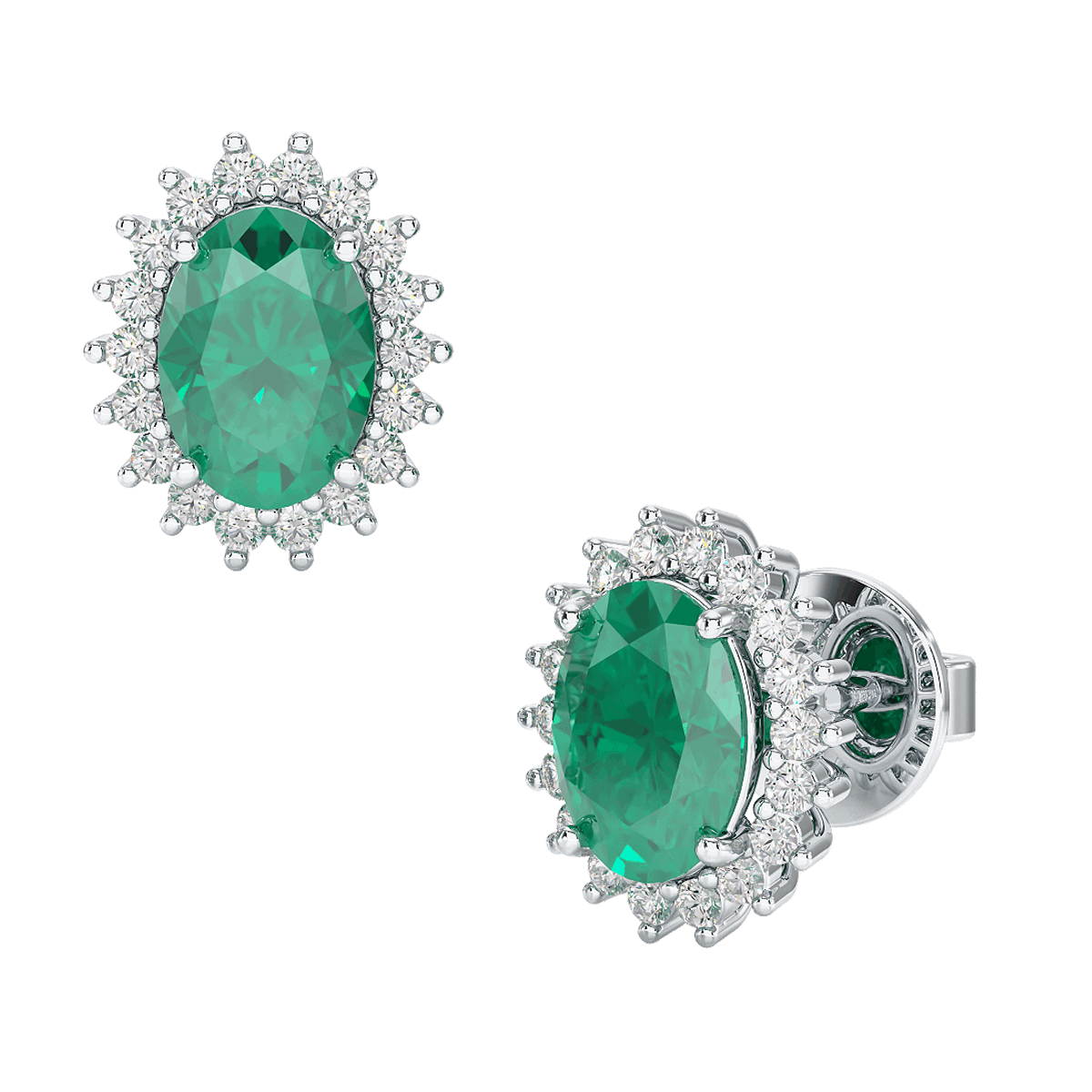 Emerald Sunburst Earrings White Gold Platinum Front & Side View