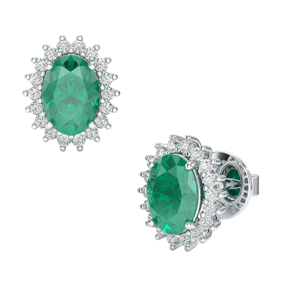 Emerald Sunburst Earrings White Gold Platinum Front & Side View