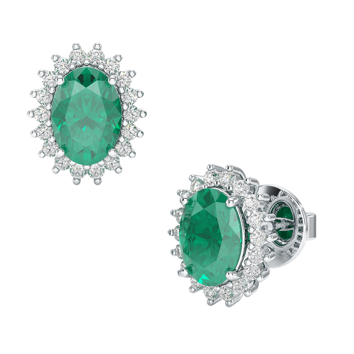 Emerald Sunburst Earrings White Gold Platinum Front & Side View