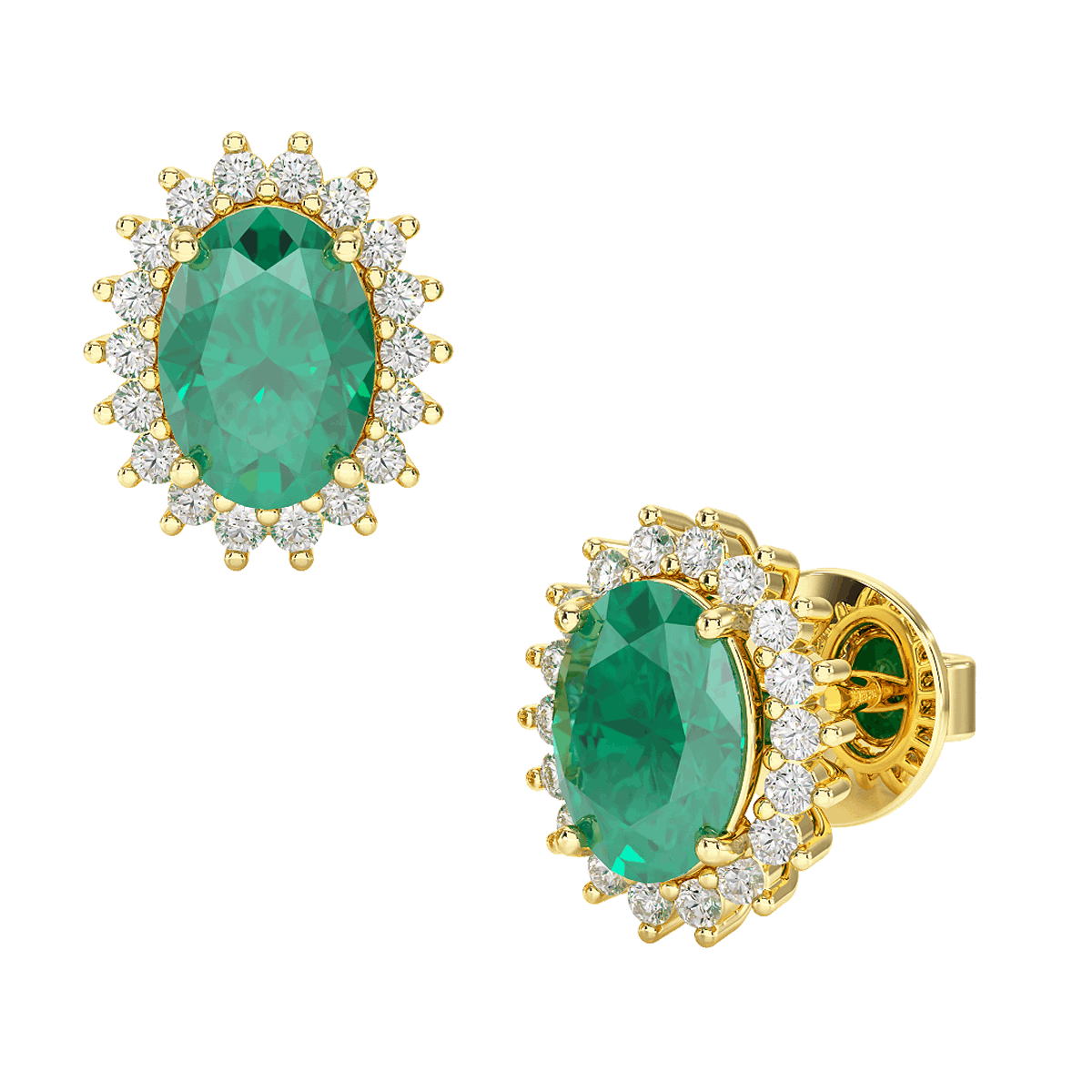 Emerald Sunburst Earrings Yellow Gold Front & Side View