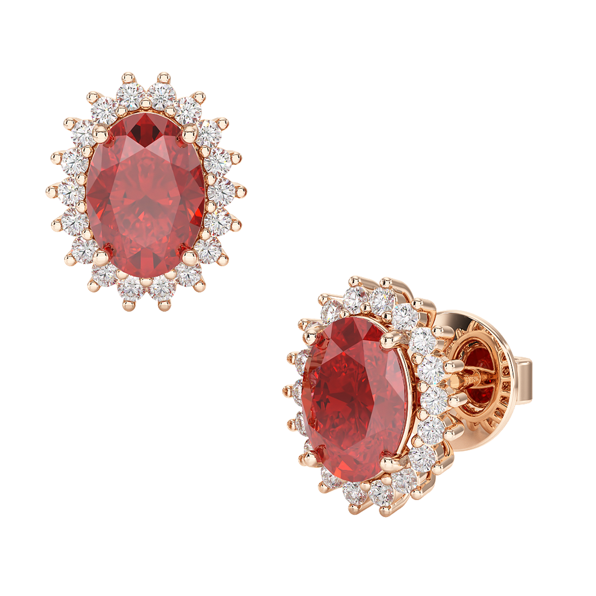 Ruby Sunburst Earrings Rose Gold Front & Side View