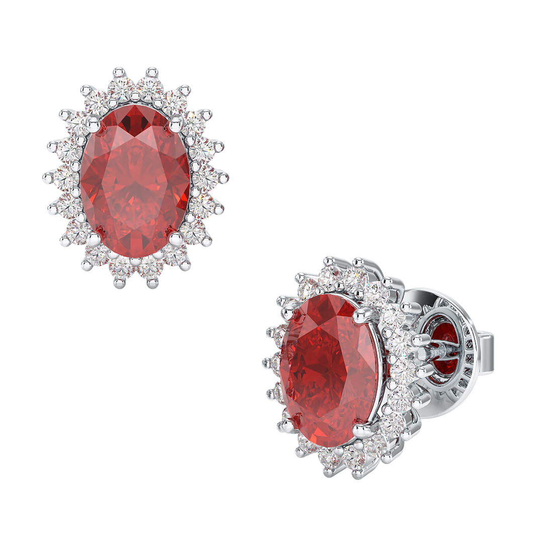 Ruby Sunburst Earrings White Gold Platinum Front & Side View