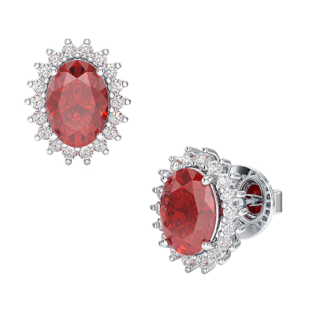 Ruby Sunburst Earrings White Gold Platinum Front & Side View