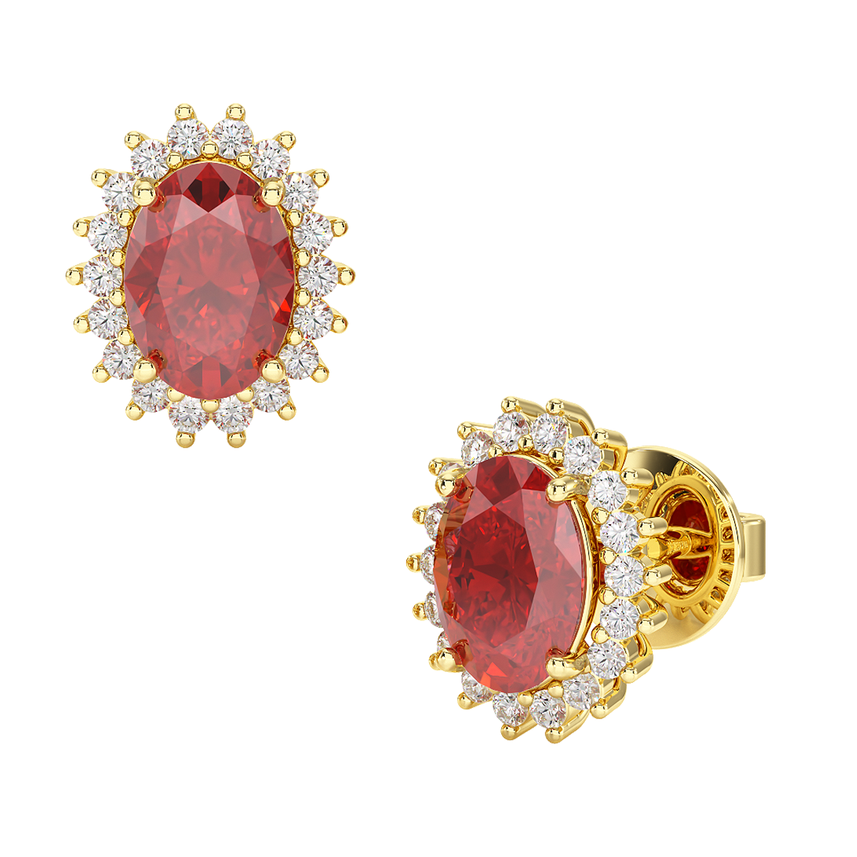 Ruby Sunburst Earrings Yellow Gold Front & Side View