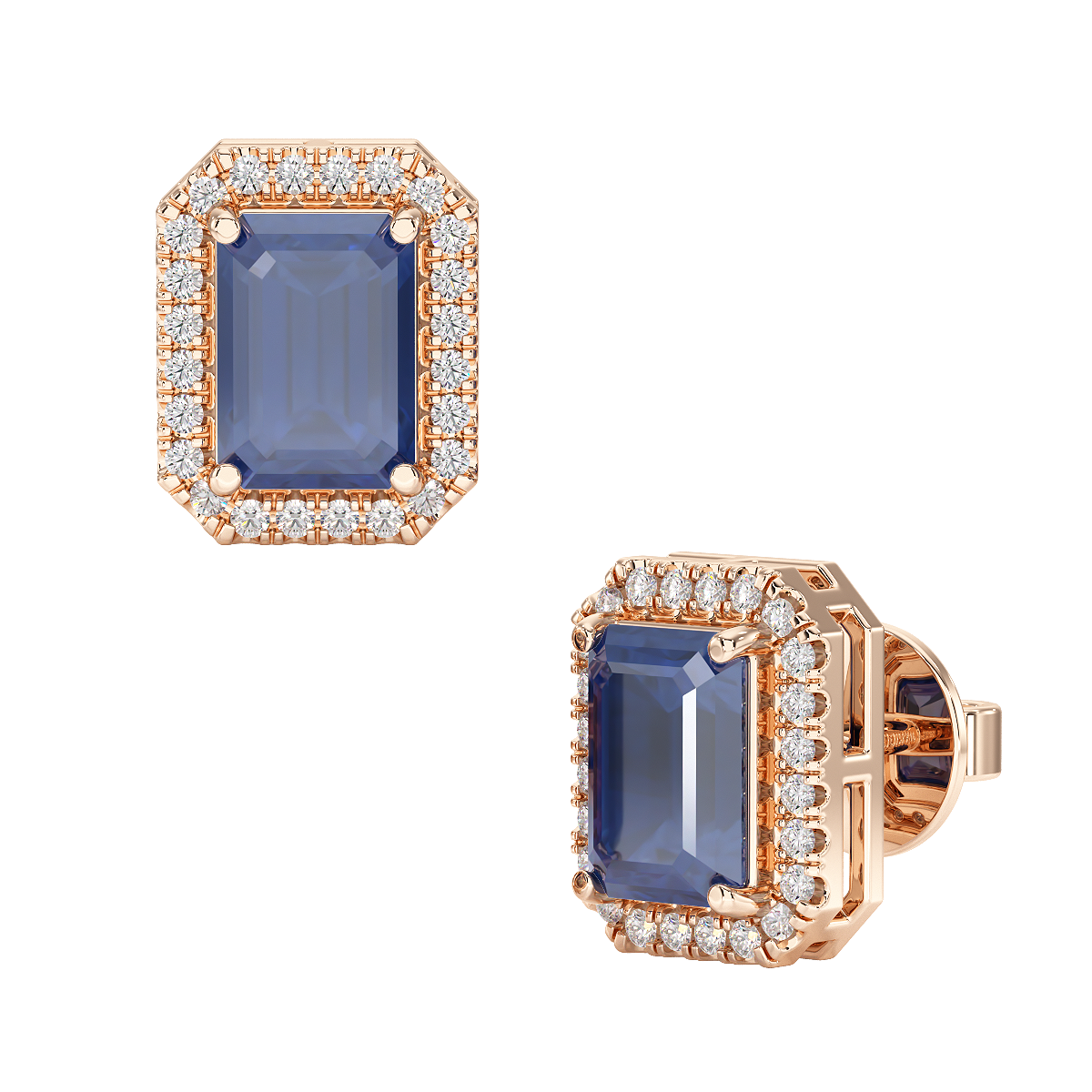 Rectangular Blue Sapphire Halo Earrings in rose gold, front & side view