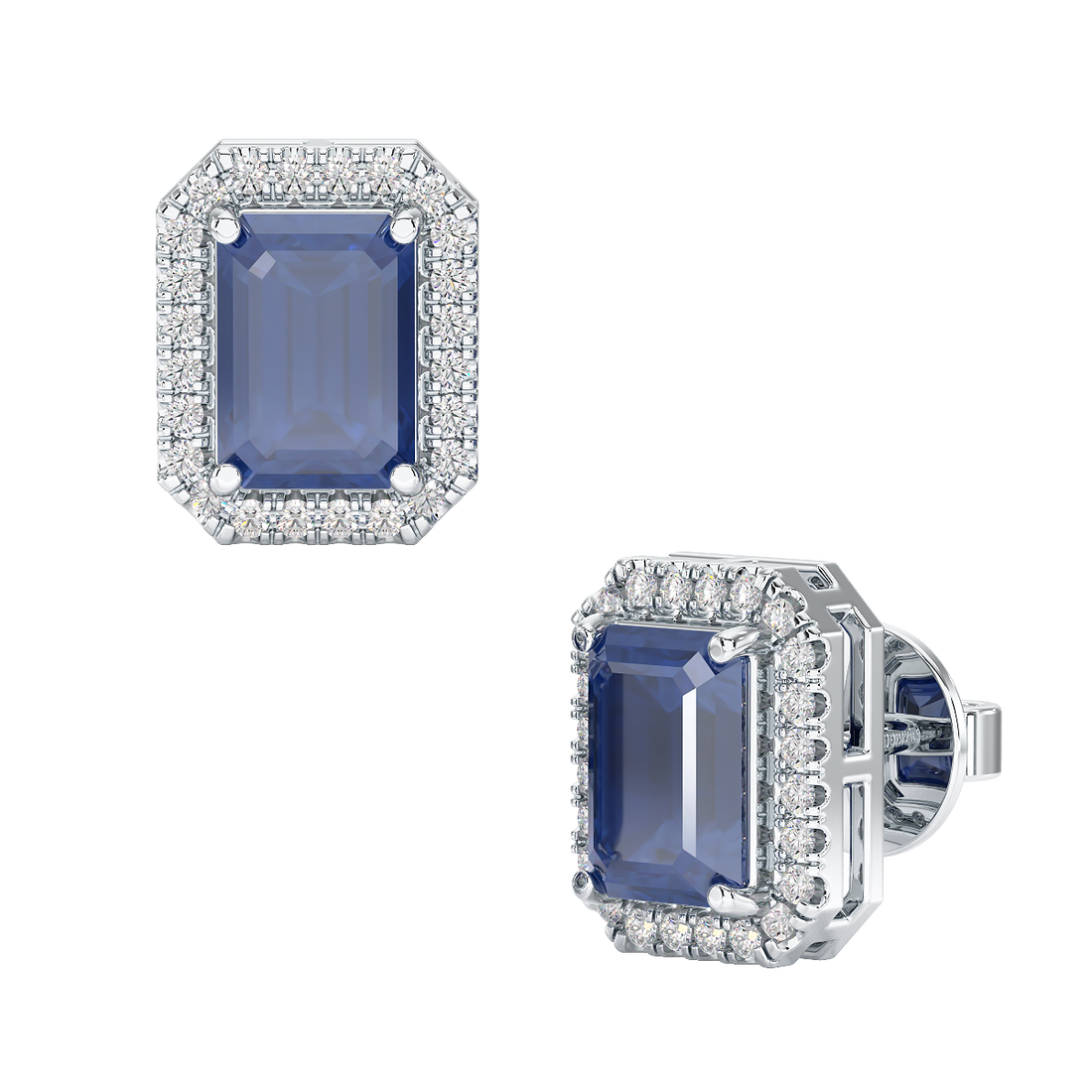 Rectangle Blue Sapphire Halo Earrings White Gold Platinum Front & Side View