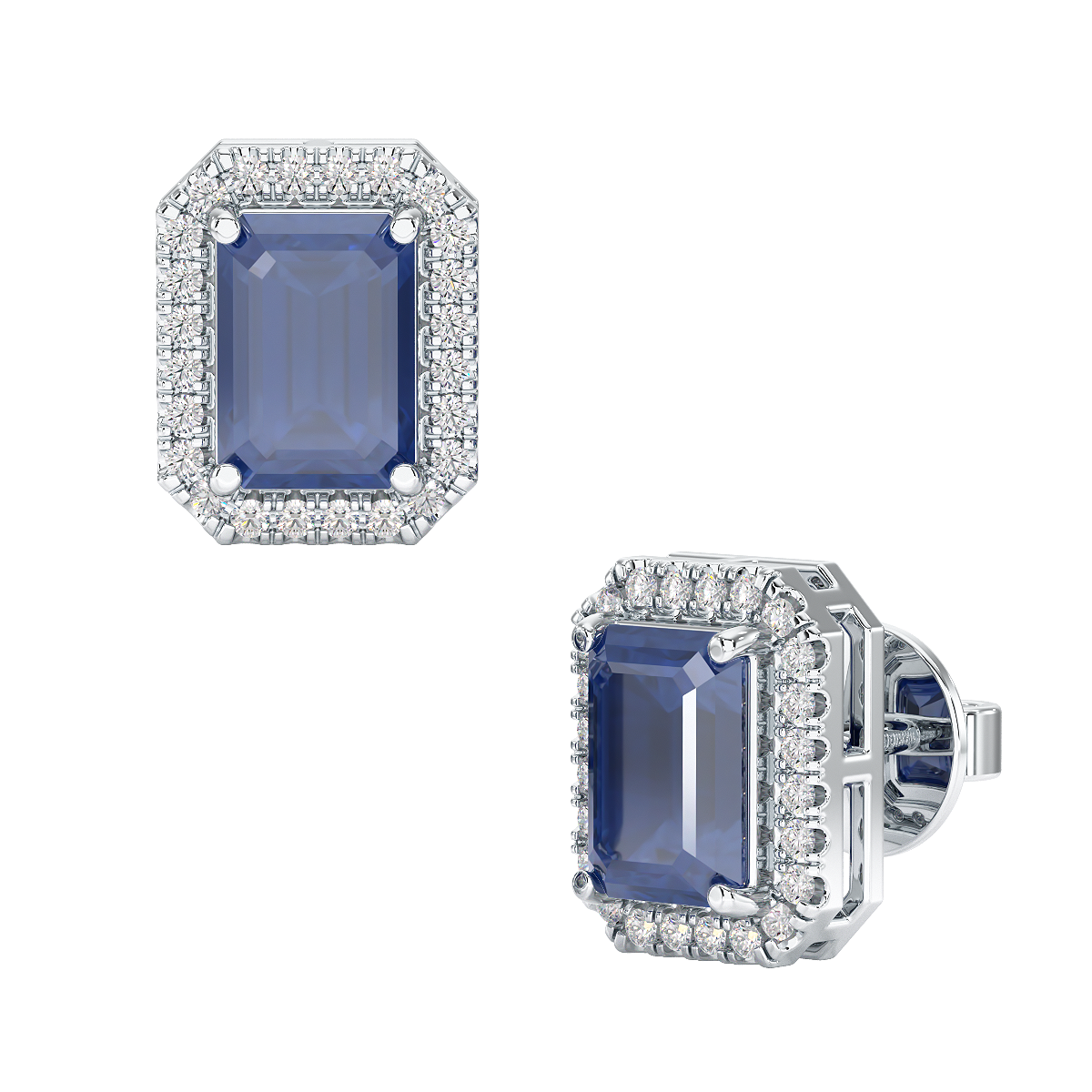 Rectangular Blue Sapphire Halo Earrings in white gold or platinum, front & side view