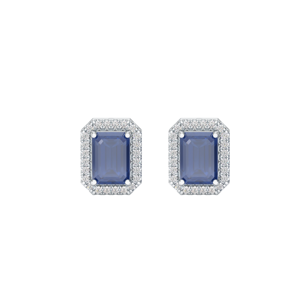 Rectangular Blue Sapphire Halo Earrings in white gold or platinum, front view