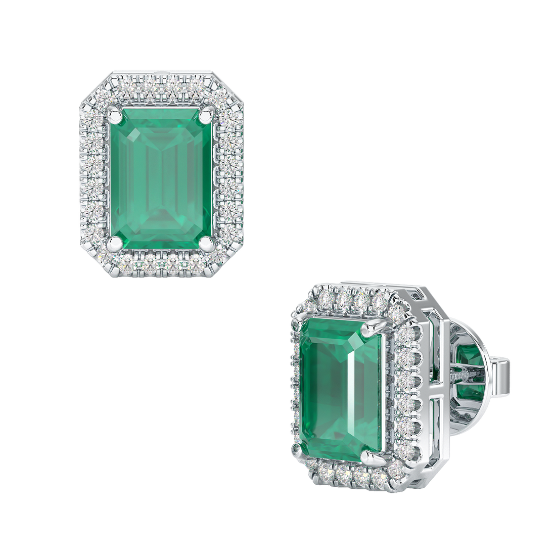Rectangle Emerald Halo Earrings White Gold Platinum Front & Side View