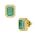 Rectangle Emerald Halo Earrings Yellow Gold Front & Side View