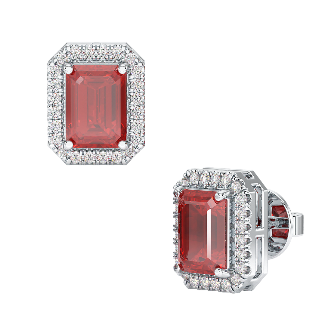Rectangle Ruby Halo Earrings White Gold Platinum Front & Side View