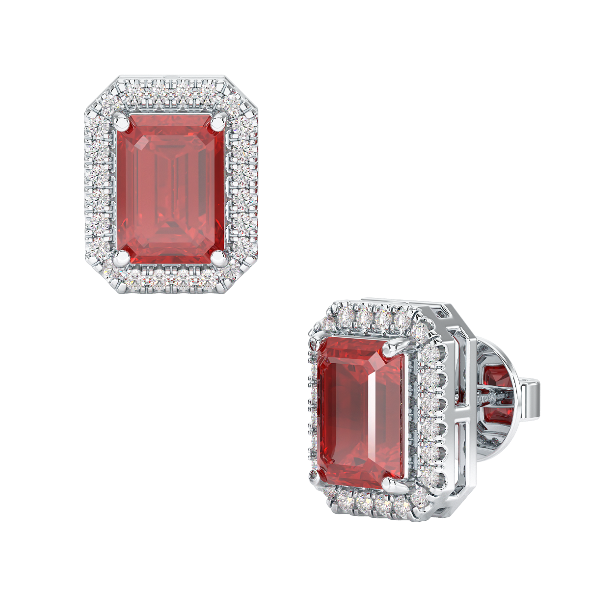 Rectangular Ruby Halo Earrings in white gold or platinum, front & side view